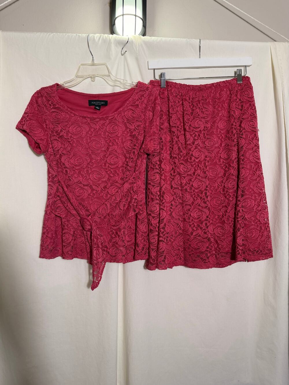 Perceptions New York Size 10 Pink Lace 2 Piece Skirt Set Floral Rose Overlay